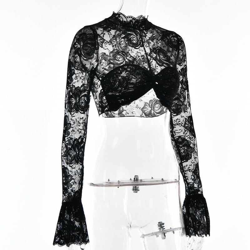 AVA BLACK FLORAL CROP LACE TOP-Fashionslee