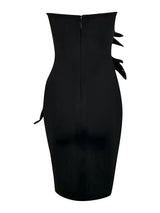 BLACK STRAPLESS FEATHER MIDI BANDAGE DRESS-Fashionslee