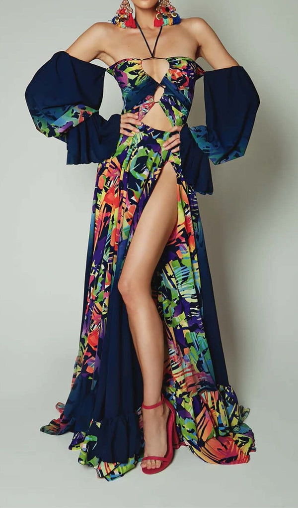 OFF SHOULDER FLOWY SLEEVES MAXI DRESS IN MULTI-COLOR-Fashionslee