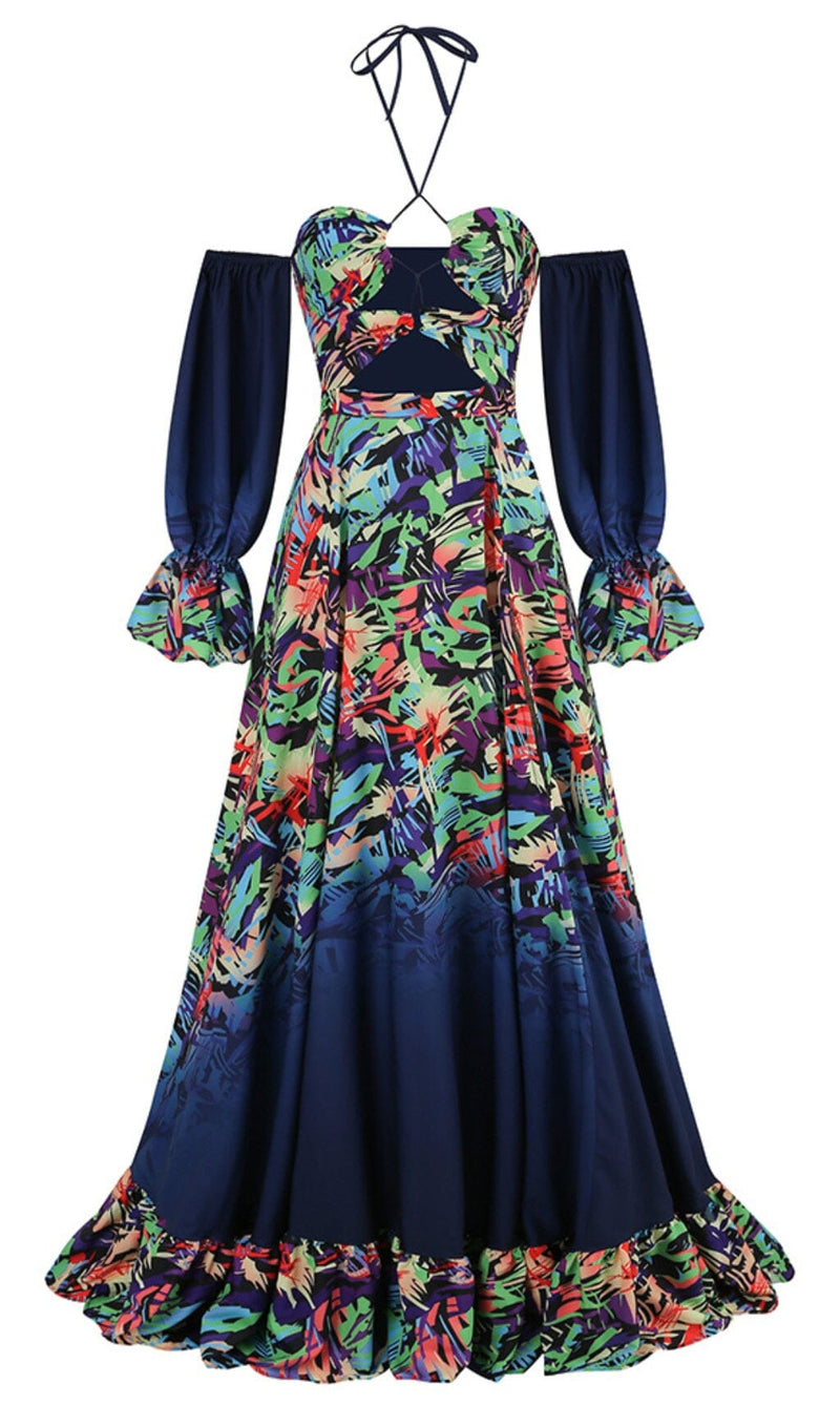 OFF SHOULDER FLOWY SLEEVES MAXI DRESS IN MULTI-COLOR-Fashionslee