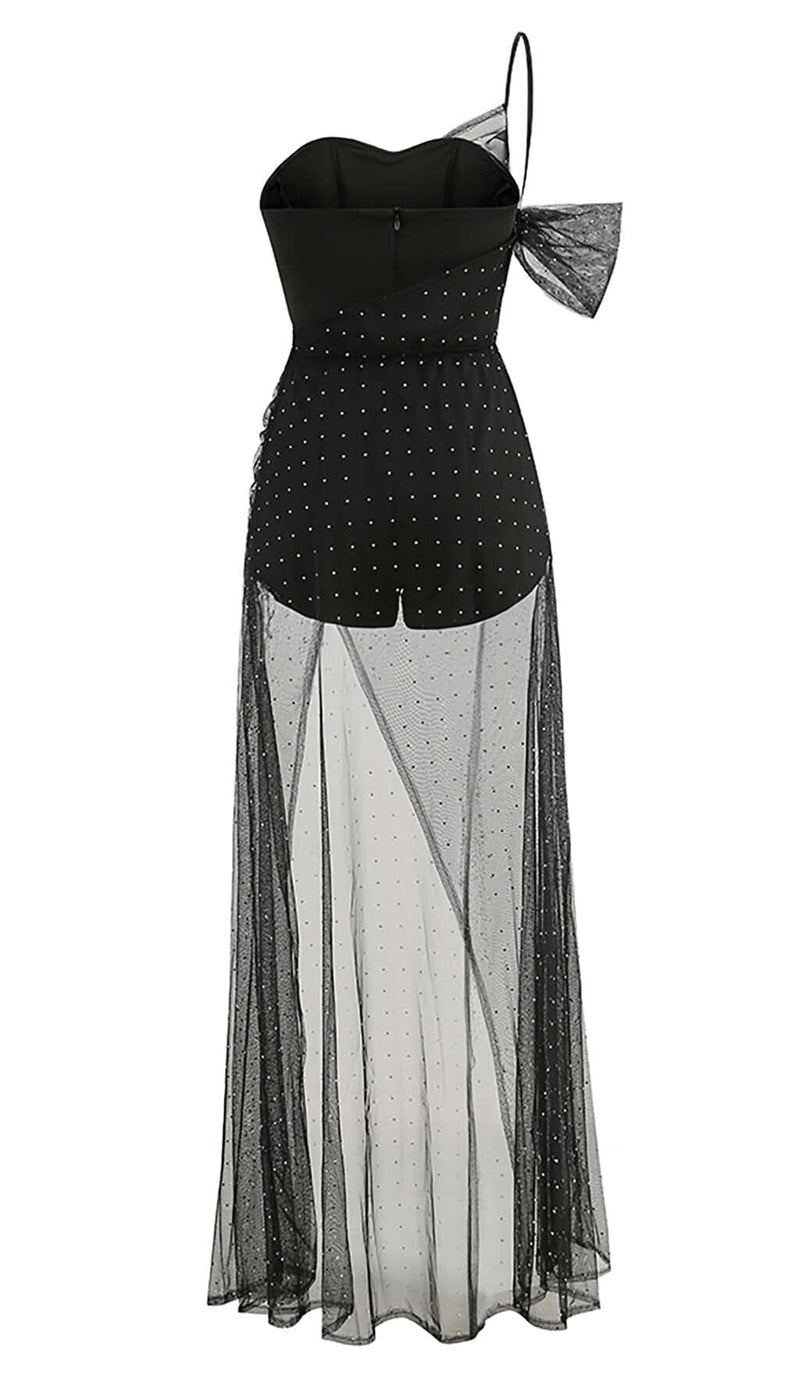 ONE-SHOULDER RHINESTONE MESH MAXI DRESS IN BLACK-Fashionslee