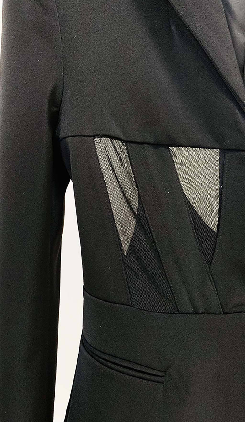 PANELED PERSPECTIVE JACKET SUIT IN BLACK-Fashionslee