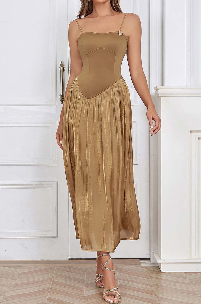 PLEATED STRAP MAXI DRESS IN TOBACCO-Fashionslee