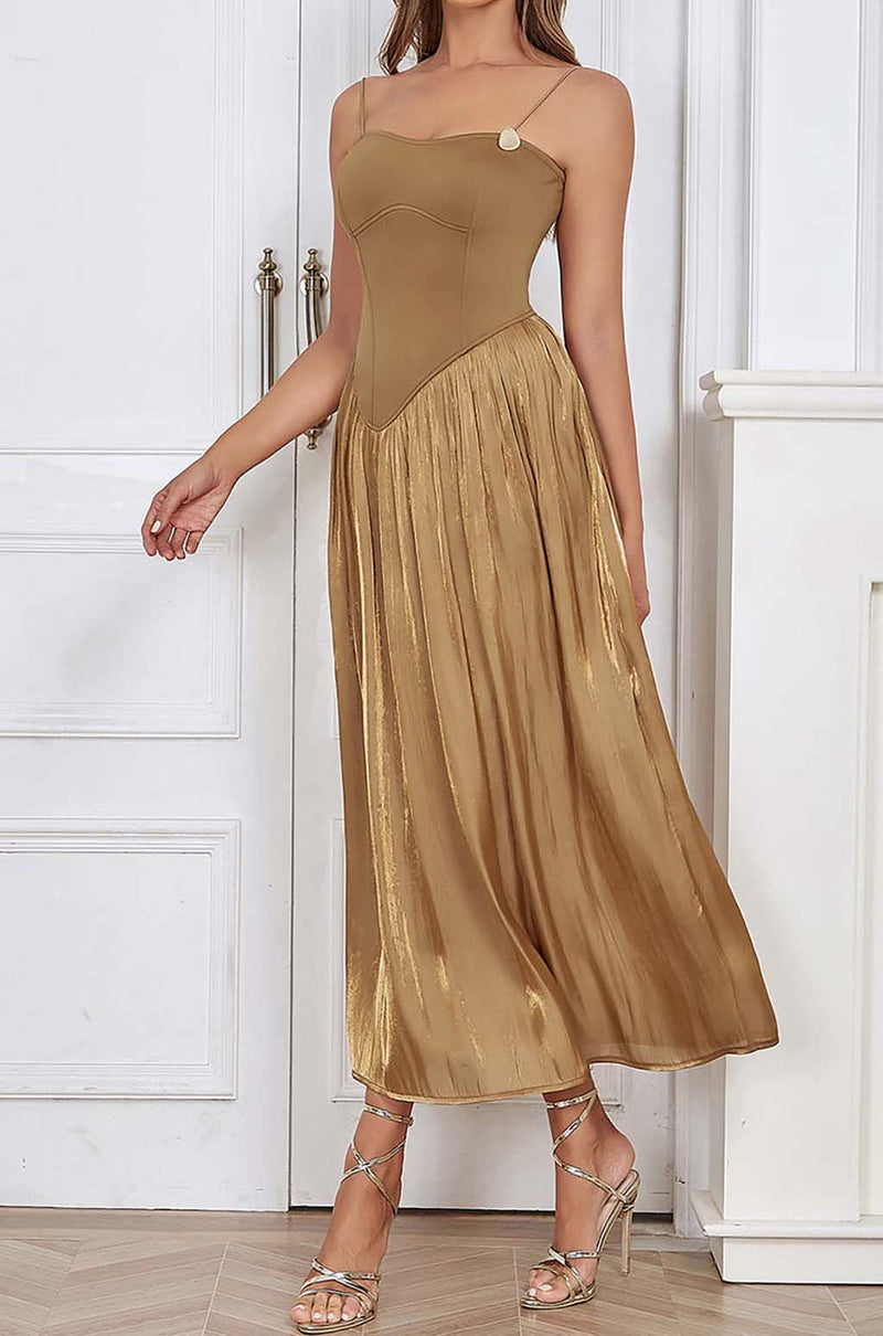 PLEATED STRAP MAXI DRESS IN TOBACCO-Fashionslee