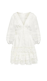 PLUNGING NECK LACE MINI DRESS IN WHITE-Fashionslee