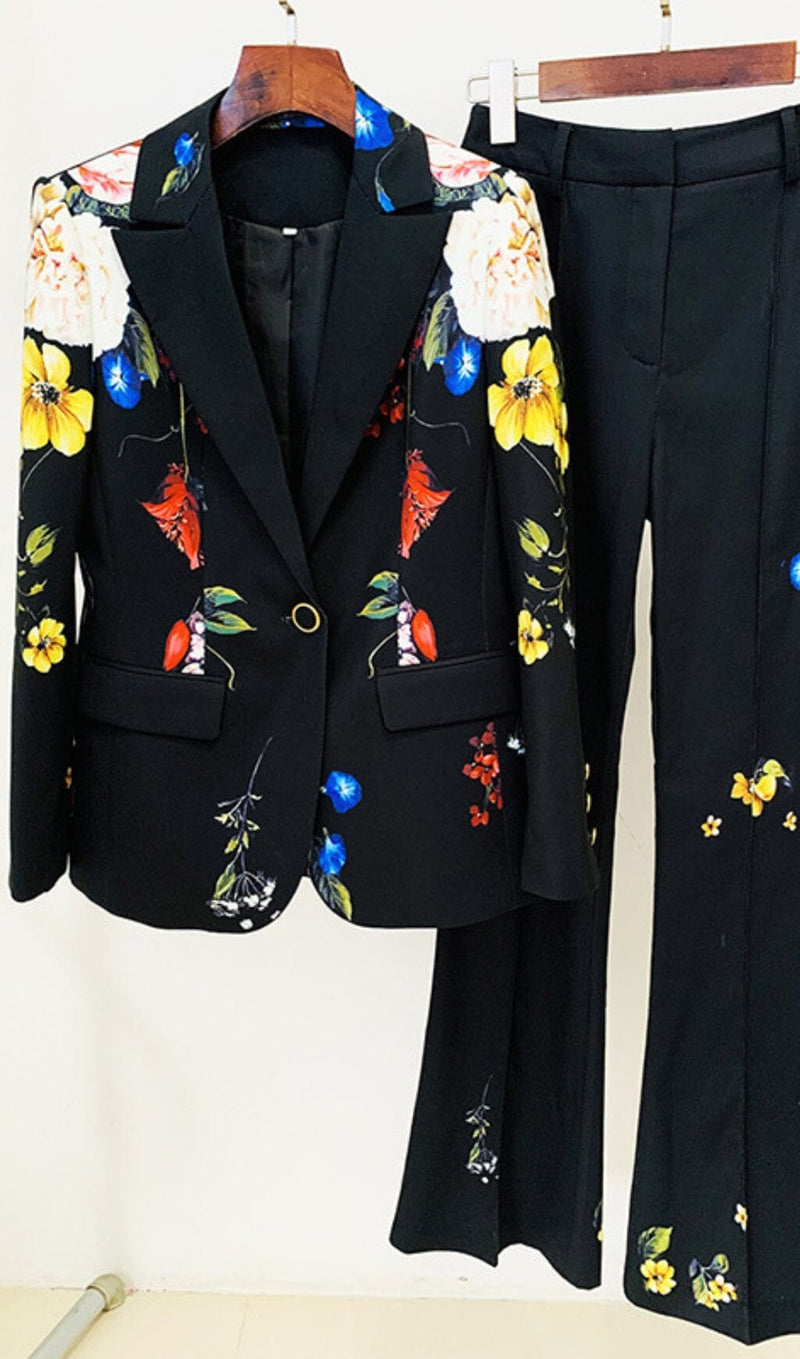 PRINTED BUTTON JACKET SUIT IN BLACK-Fashionslee