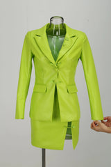 PU Jacket Blazer And Skirt Set Two Piece Set In Fluorescent Green-Fashionslee