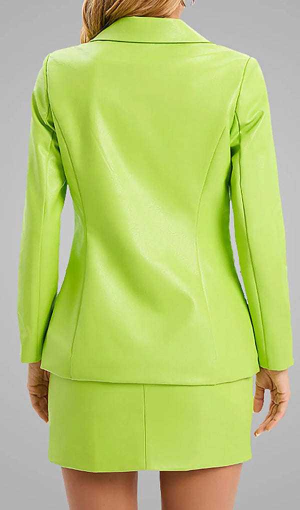 PU Jacket Blazer And Skirt Set Two Piece Set In Fluorescent Green-Fashionslee