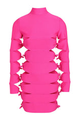 LONG SLEEVE HOLLOW OUT MINI BANDAGE DRESS IN PINK-Fashionslee