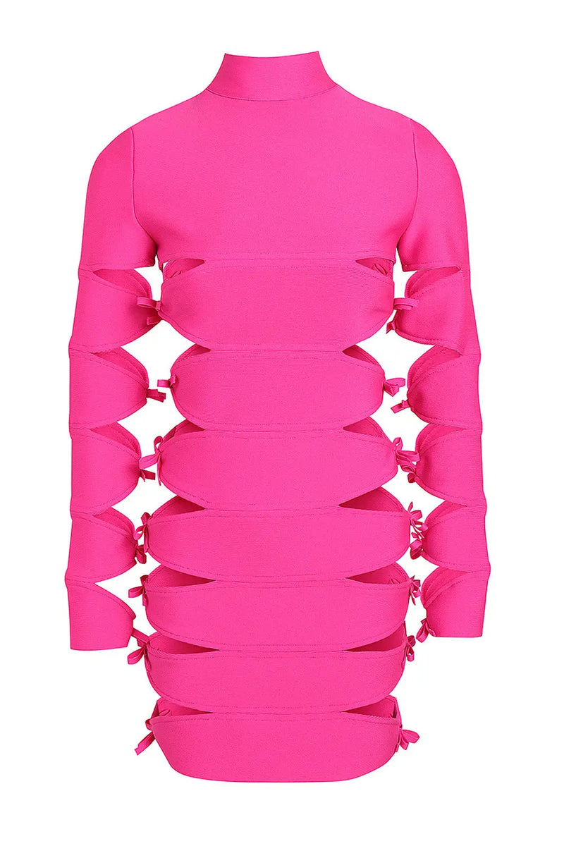LONG SLEEVE HOLLOW OUT MINI BANDAGE DRESS IN PINK-Fashionslee