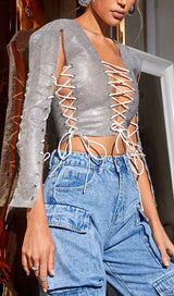 PLUNGE LACE UP CHAINMAIL TOP IN SILVER-Fashionslee
