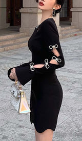 RHINESTONE BOW-EMBELLISHED MINI DRESS IN BLACK-Fashionslee