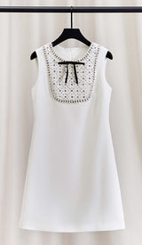 RHINESTONE BOW TIE MINI DRESS IN WHITE-Fashionslee