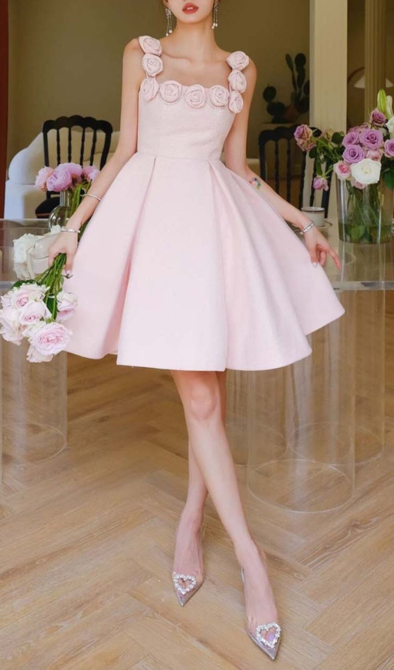 RHINESTONE ROSE APPLIQUE MINI DRESS IN PINK-Fashionslee