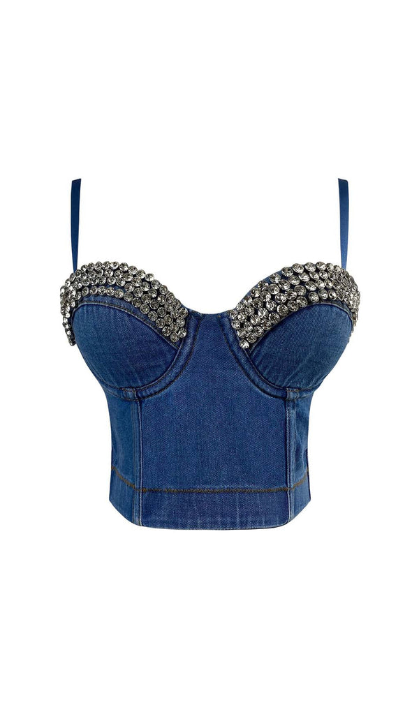 RHINESTONE BACKLESS CROPPED TOP IN NAVY BLUE-Fashionslee