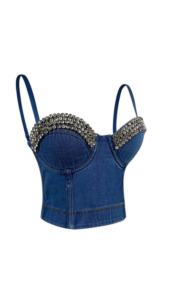 RHINESTONE BACKLESS CROPPED TOP IN NAVY BLUE-Fashionslee