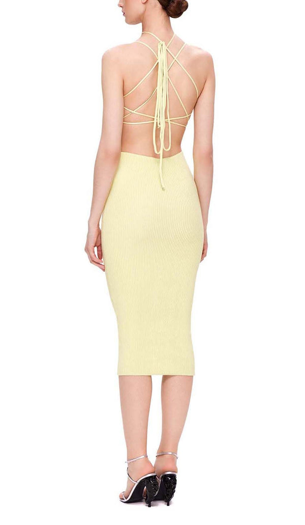 RIBBED CUT OUT MIDI DRESS IN YELLOW-Fashionslee