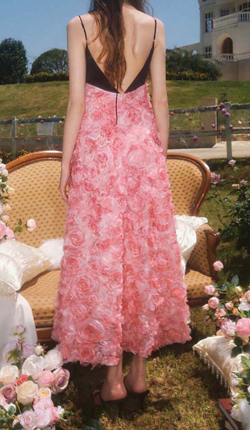 ROSE APPLIQUÉD SPAGHETTI MAXI DRESS IN PINK-Fashionslee