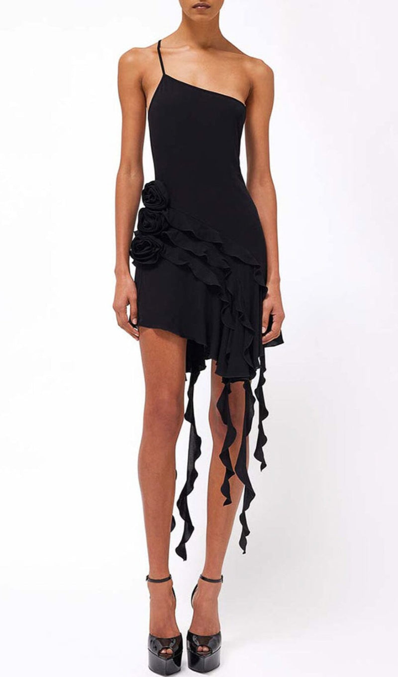 ROSE-DETAIL RUFFLED MINI DRESS IN BLACK-Fashionslee
