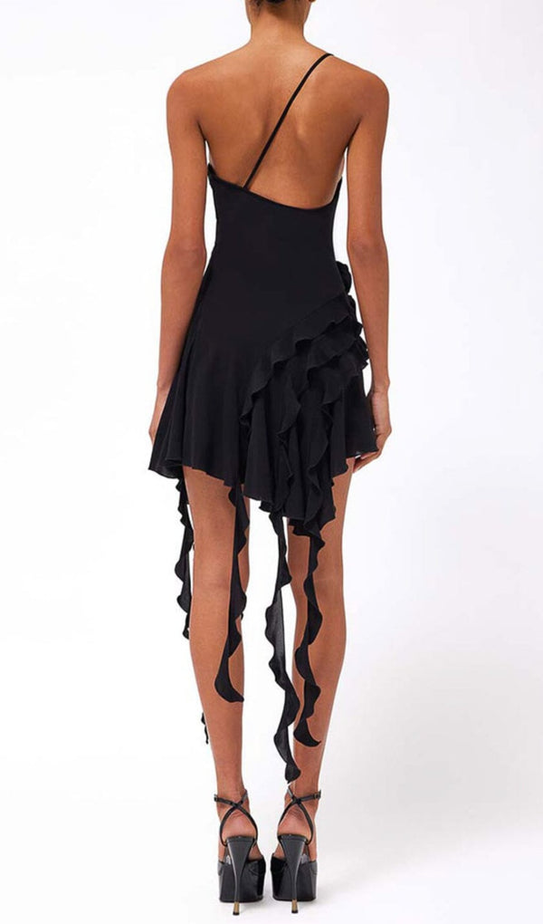 ROSE-DETAIL RUFFLED MINI DRESS IN BLACK-Fashionslee