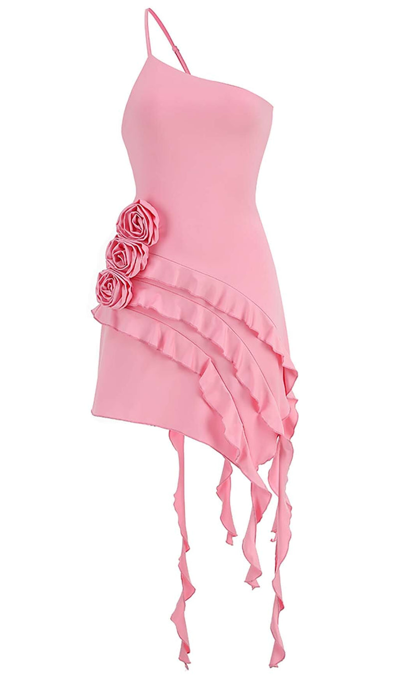 ROSE-DETAIL RUFFLED MINI DRESS IN PINK-Fashionslee