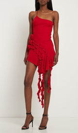 ROSE-DETAIL RUFFLED MINI DRESS IN RED-Fashionslee