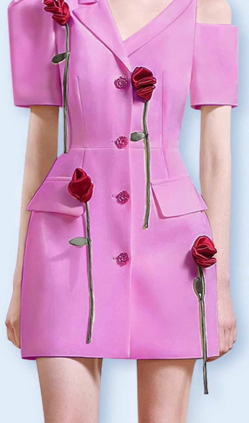 ROSE-EMBELLISHED ASYMMETRIC JACKET DRESS IN PINK-Fashionslee