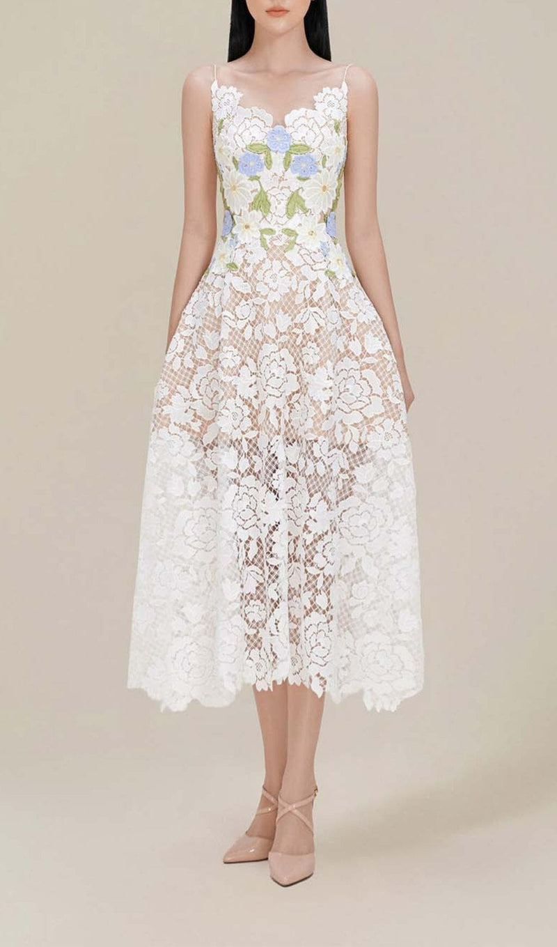 ROSES LACE A-LINE MIDI DRESS IN WHITE-Fashionslee
