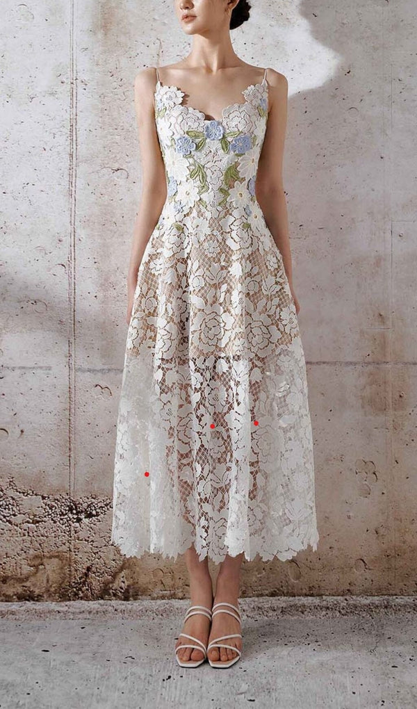 ROSES LACE A-LINE MIDI DRESS IN WHITE-Fashionslee