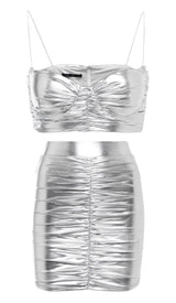 RUCHED BRALETTE AND SKIRT SET IN SLIVER-Fashionslee