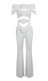 RUCHED CUTOUT FLARED TWO PIECE SET IN WHITE-Fashionslee
