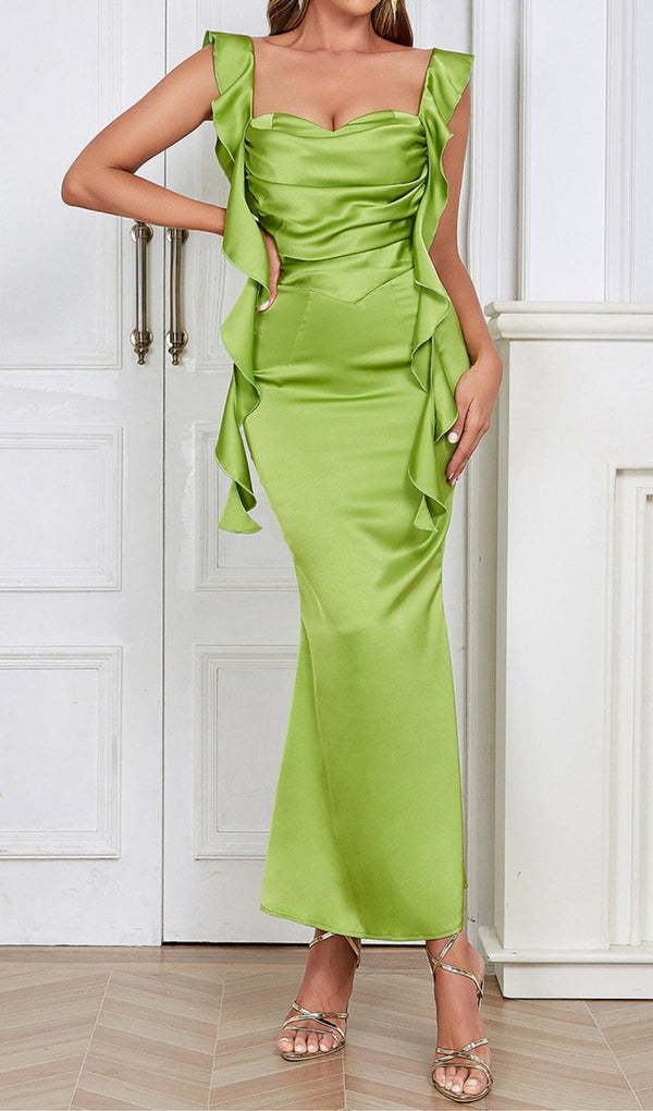 RUCHED SATIN MAXI DRESS IN GREEN-Fashionslee