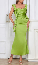 RUCHED SATIN MAXI DRESS IN GREEN-Fashionslee