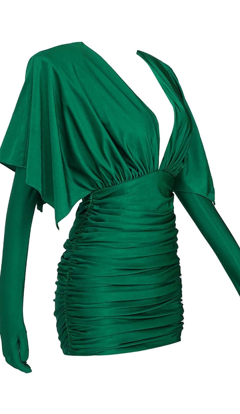 RUCHED SATIN MINI DRESS IN GREEN-Fashionslee