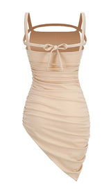 RUCHED STRAPPY MIDI DRESS IN NUDE-Fashionslee