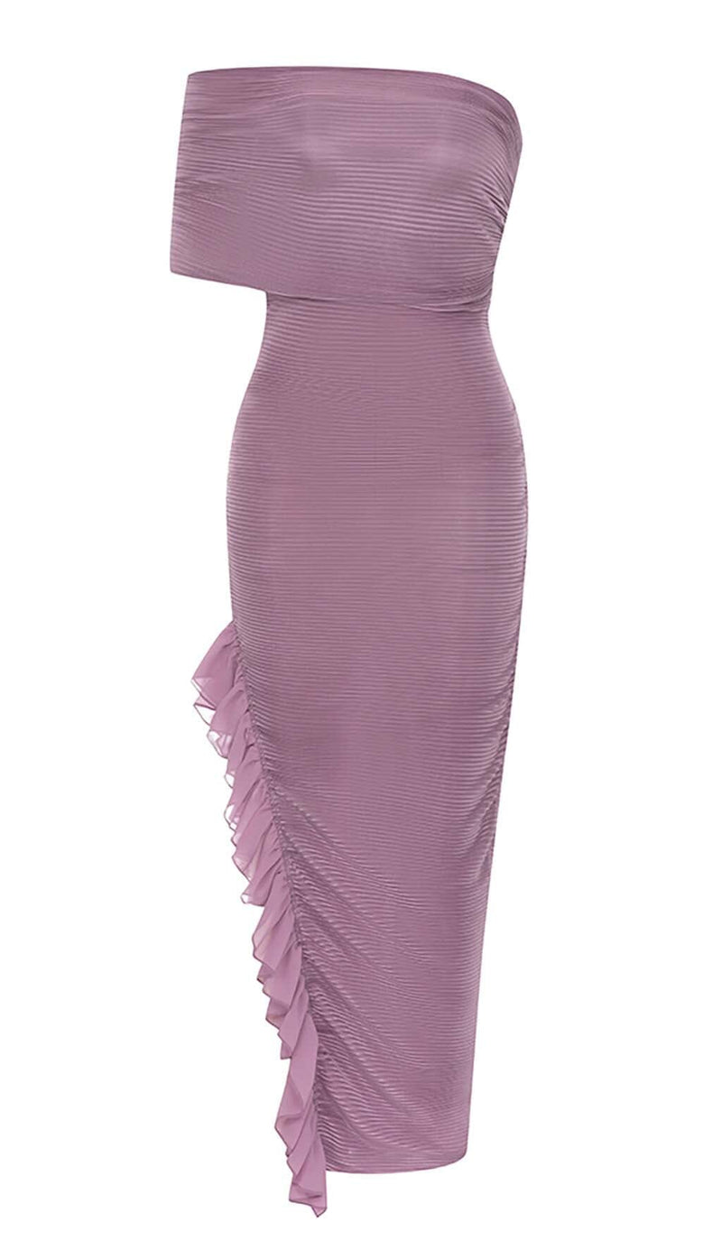 RUFFED OFF SHOULDER HIGH LOW DRESS IN LAVENDER-Fashionslee