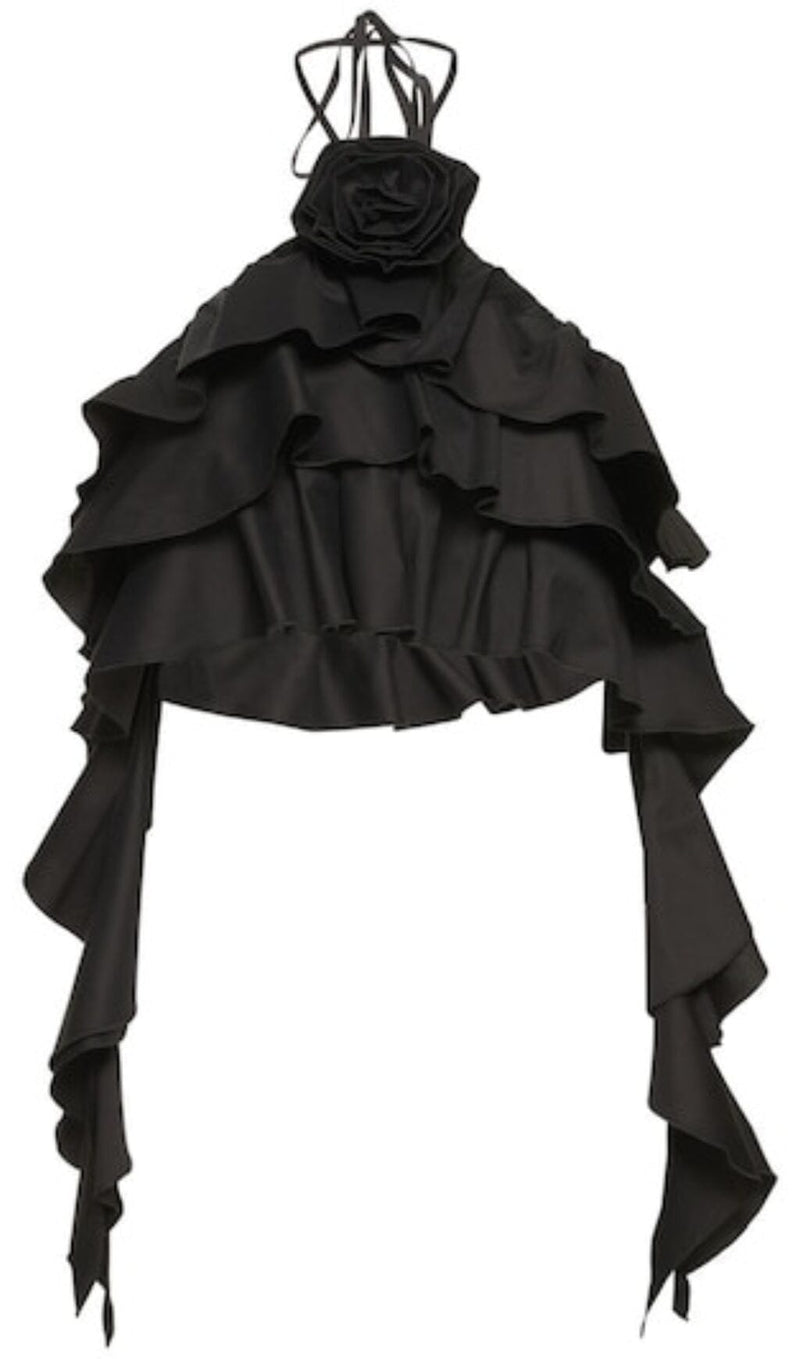 RUFFLE-DETAIL HALTER CROP TOP IN BLACK-Fashionslee