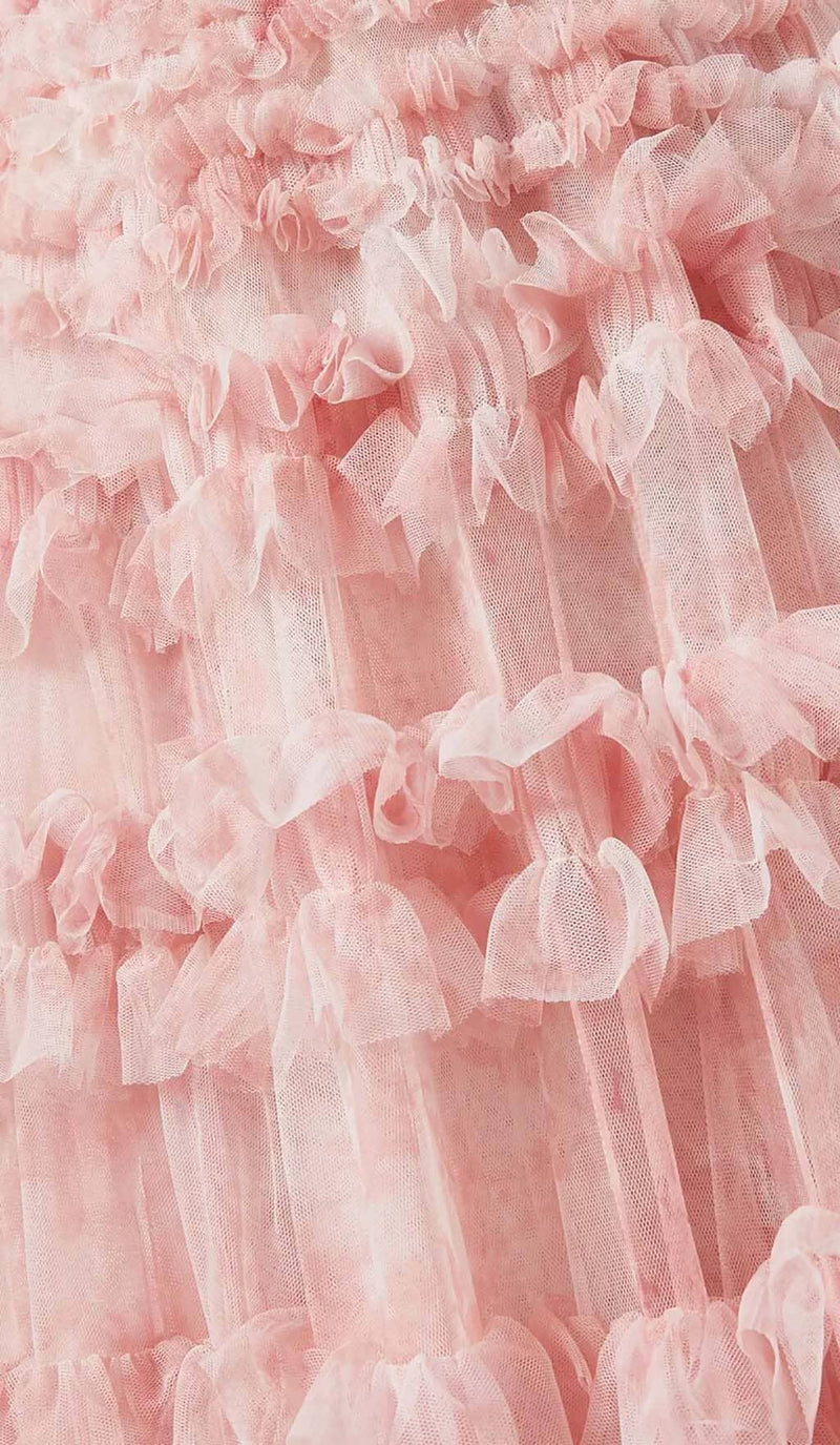 RUFFLE OFF SHOULDER TIERED MIDI DRESS IN PINK-Fashionslee
