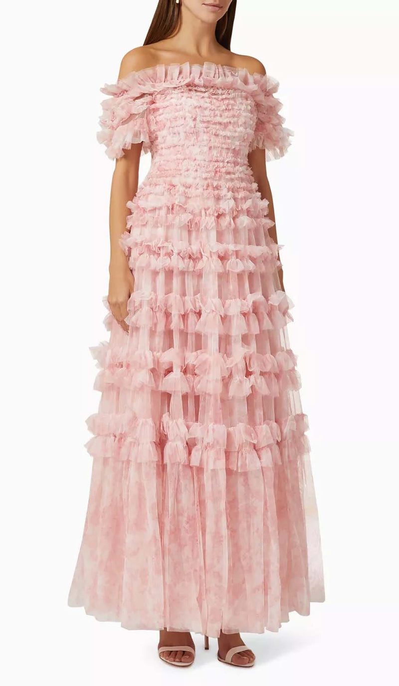 RUFFLE OFF SHOULDER TIERED MIDI DRESS IN PINK-Fashionslee
