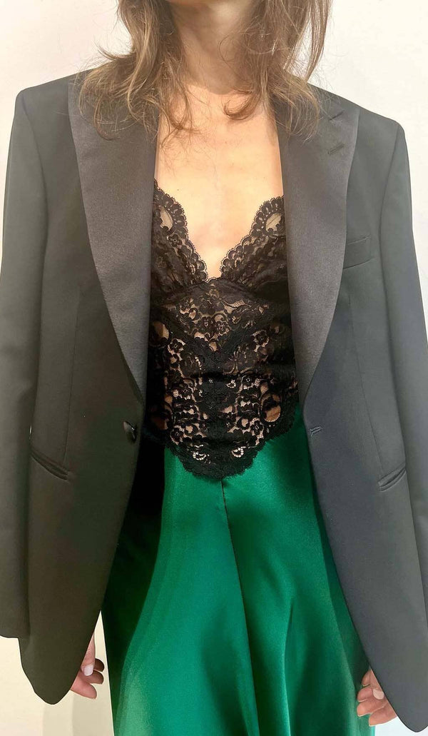 RUFFLED SILK SATIN MAXI DRESS IN GREEN-Fashionslee