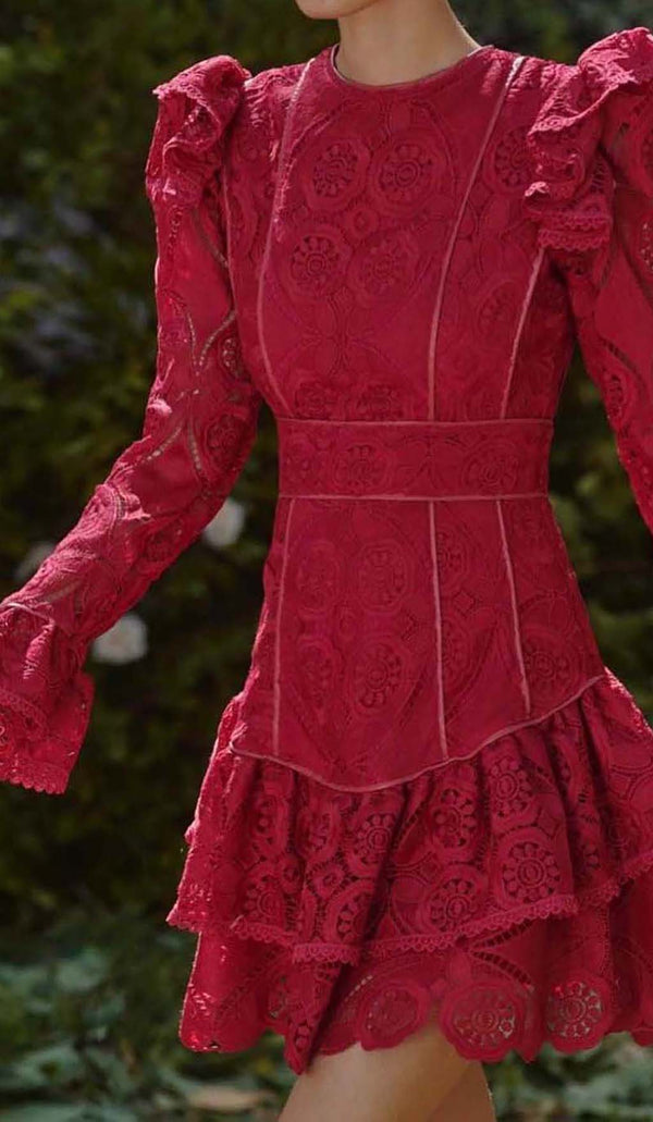 RUFFLED TIERED MINI DRESS IN RED-Fashionslee
