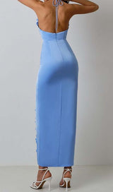 RUFFLE FLOWER-EMBELLISHED MIDI DRESS IN BLUE-Fashionslee