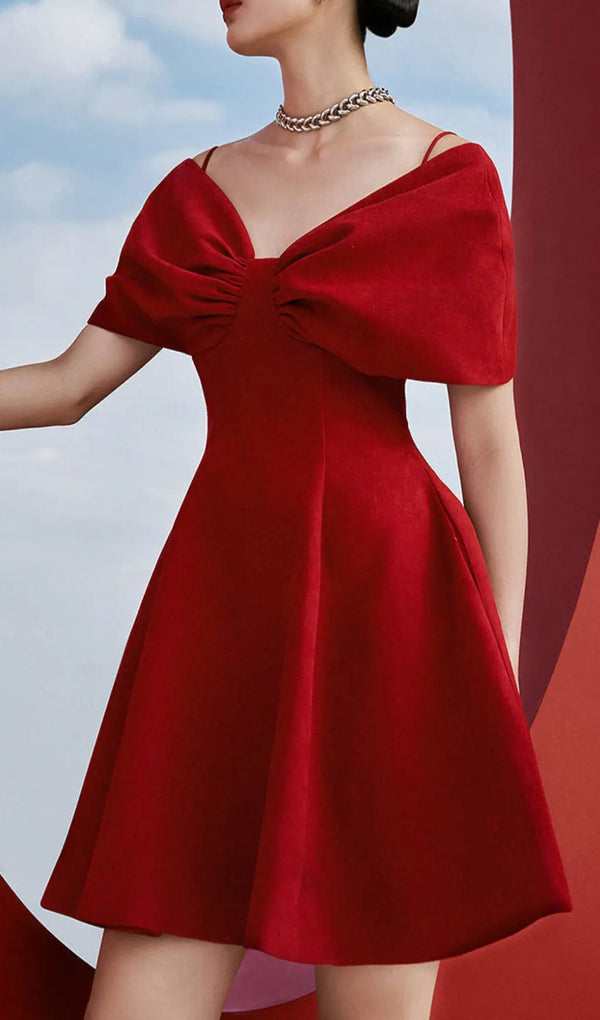 RED OFF SHOULDER PLEATED A LINE DRESS-Fashionslee