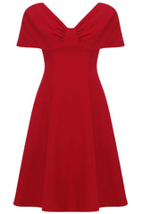 RED OFF SHOULDER PLEATED A LINE DRESS-Fashionslee