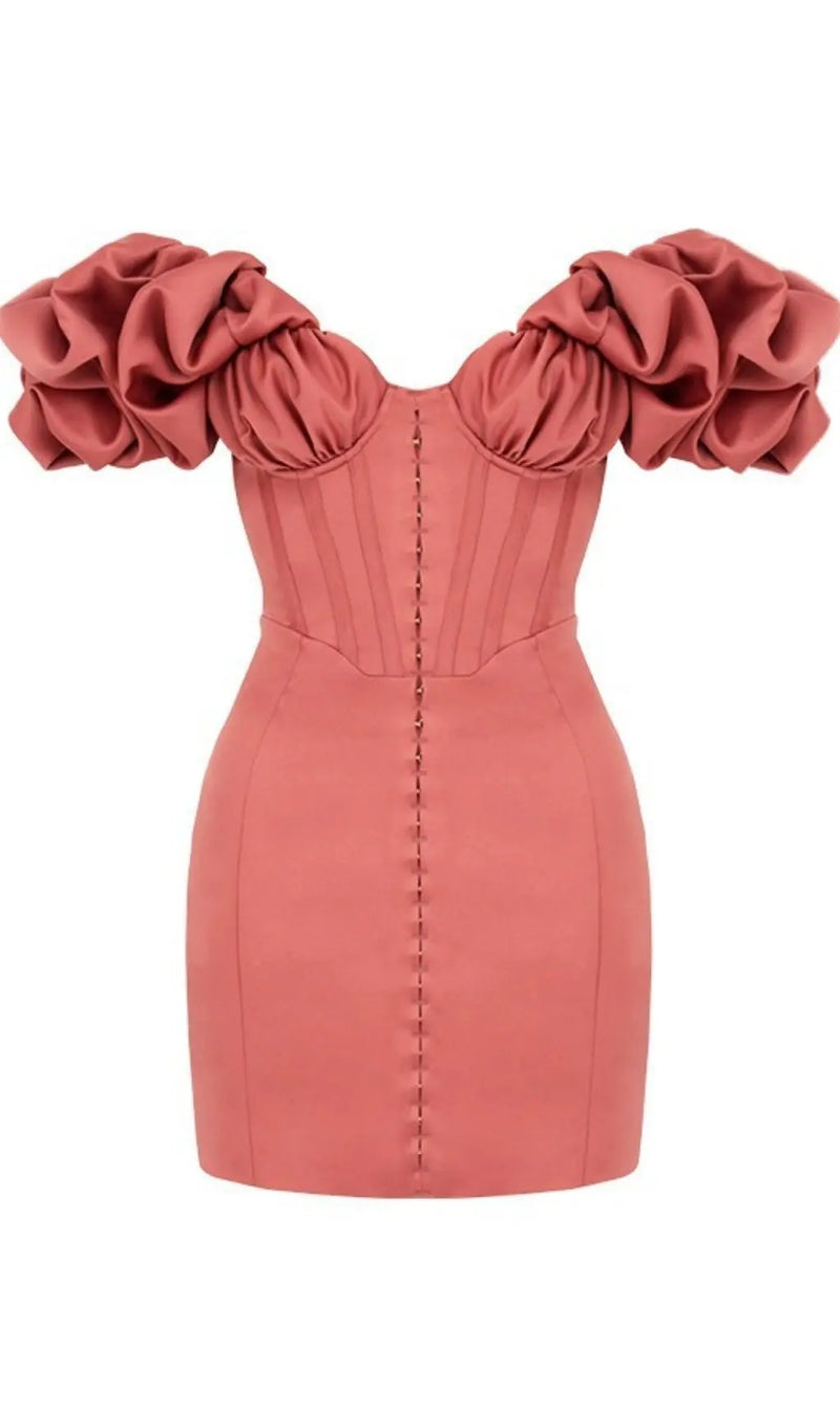 SATIN RUFFLE STRAPLESS MINI DRESS IN ROSE PINK-Fashionslee