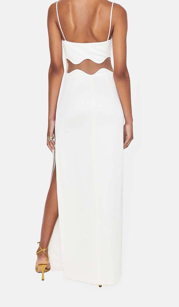 SCALLOPED MESH INSERT MAXI DRESS IN WHITE-Fashionslee