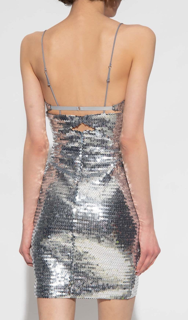SEQUIN CUTOUT DRAPED MINI DRESS IN METALLIC SILVER-Fashionslee