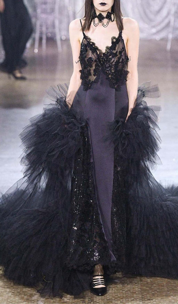 SEQUIN LACE MAXI DRESS BLACK-Fashionslee