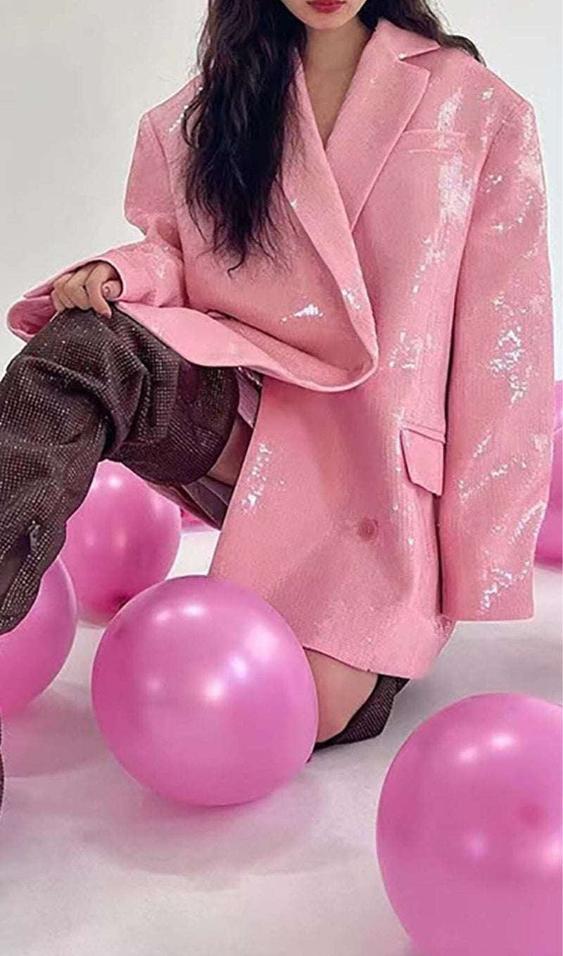 SEQUINED DOUBLE BREASTED LONG BLAZER IN PINK-Fashionslee