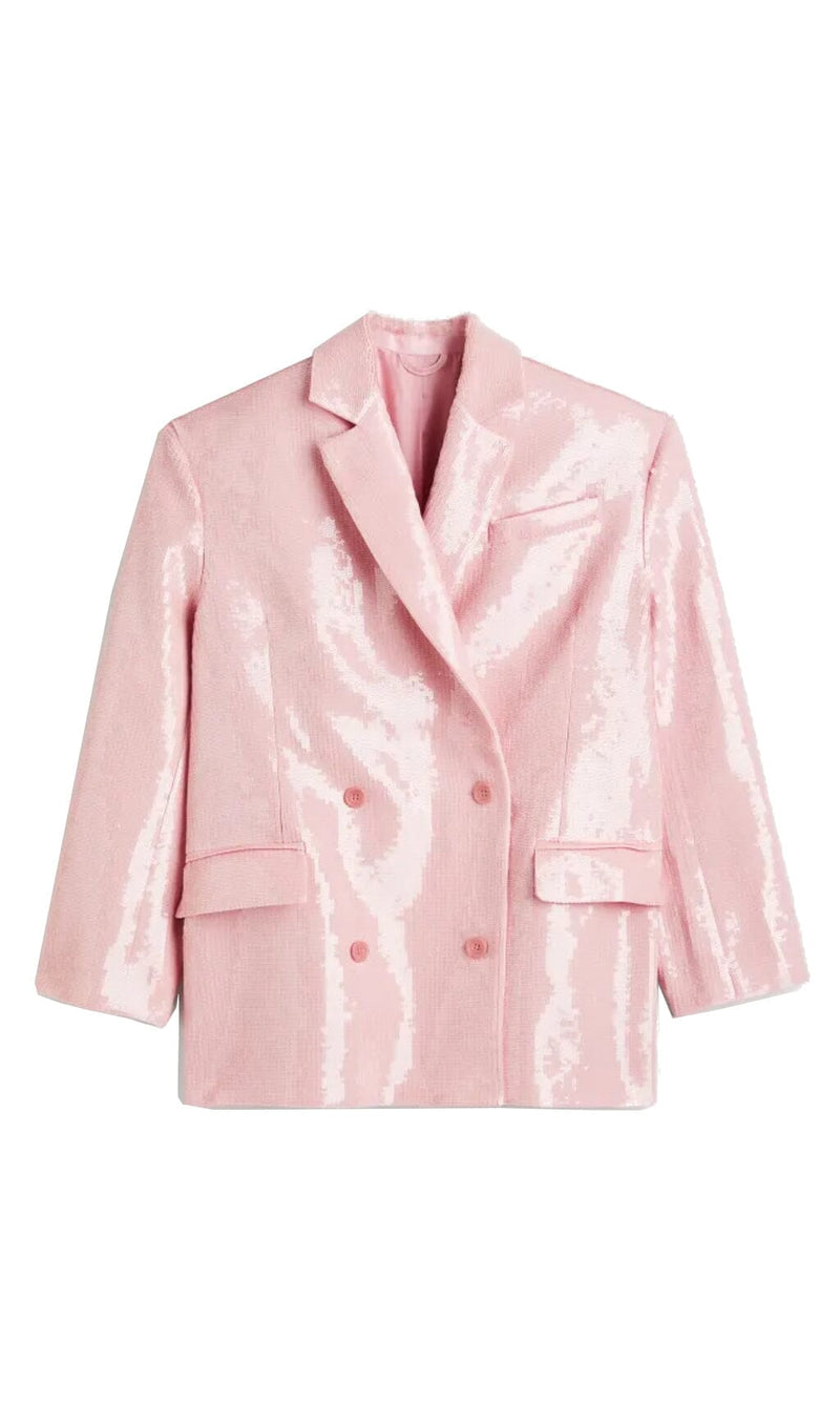 SEQUINED DOUBLE BREASTED LONG BLAZER IN PINK-Fashionslee